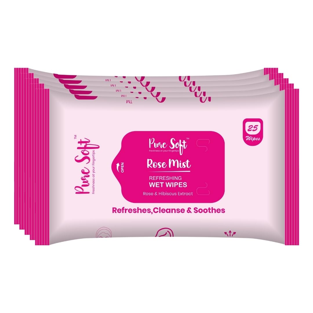 Pure Soft Rose Mist Refreshing Wet Wipes 25N Each - Pack of 5 | Wet Wipes for Face with Rosehip Extract, Hibiscus Extract & Calendula Extract | Makeup Remover Wipes | Hydrating, Refreshing, Soothing | Paraben & Alcohol Free