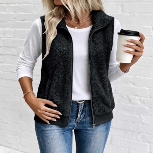 Womens Sherpa Fleece Vest Zip Front Stand Collar Ribbed Hem Casual Layering - image 3