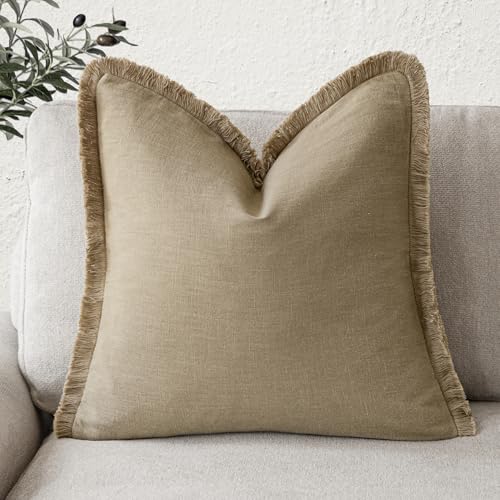Image of Foindtower Decorative Linen Fringe Throw Pillow Covers Boho Farmhouse Cushion Cover with Tassels Soft Accent Pillowcase for Chair Sofa Bed Living Room Home Decor, 16x16 Inch, 1PC,Light Khaki Taupe