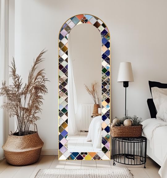 Mosaico Mirage - Specchio da pavimento ad arco a lunghezza intera, 50 x 160 cm (larghezza x altezza), con cornice nera e cornice nera