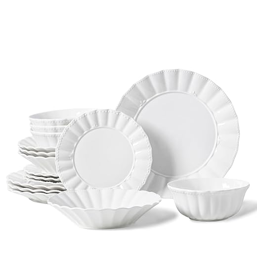 Plates and Bowls Sets, 16 Piece Dinnerware Sets, Porcelain Dinner Set with Plates and Bowls, Ceramic tableware, Modern Bone China Dish Set for 4, Wavy Pattern