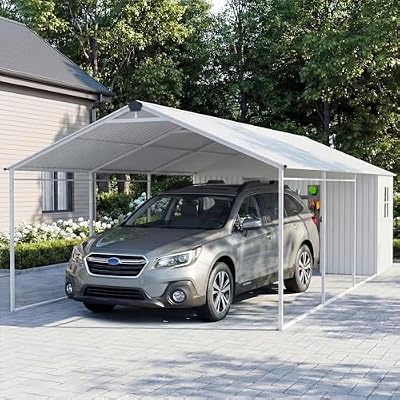 COSIEST 12x25 FT 2-in-1 Carport Storage Shed (12x20 Carport & 12x5 Storage) with Enclosed Storage Room, Heavy Duty Galvanized Metal Frame, All-Weather Use for Cars, Full-Sized Pickup Trucks, SUVs