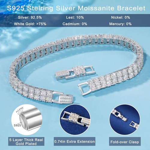 YIMERAIRE Moissanite Tennis Bracelet w/Extender Link, 3.2Ct-17.0Ct Double Row Lab Grown Women Moissanite Bracelet S925 Sterling Silver D Color VVS1 Round Cut 6.5Inch/7Inch/7.5Inch3