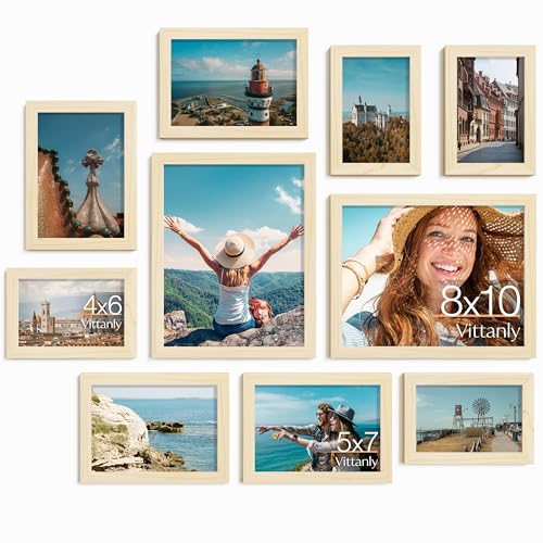 Image of Vittanly Picture Frames Set of 10, Picture Frames Collage Wall Decor with Two 8x10, Four 5x7, and Four 4x6 Photo Frames, Gallery Wall Frame Set for Wall or Tabletop Display, Natural