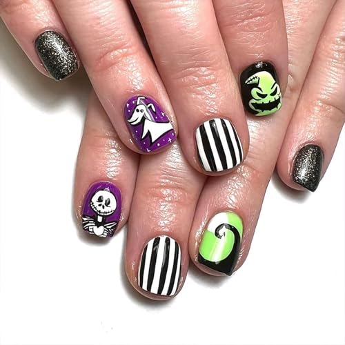 Halloween Press on Nails Short Square OFDNE Glitter Fake Nails Cu...