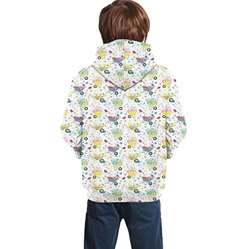 Teen Hoodies Fashion Sweatshirts,Rainbow Striped and Checkered Pattern Wheelbarrows Full of Wild Flowers and Birds XL