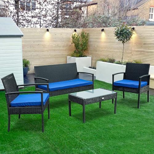 Image of PRATHAM India Outdoor Indoor 4 Piece Patio Furniture Sofa Set Conversation Set Waterproof with Washable Soft Cushion and Center Table Wicker for Balcony and Gardens