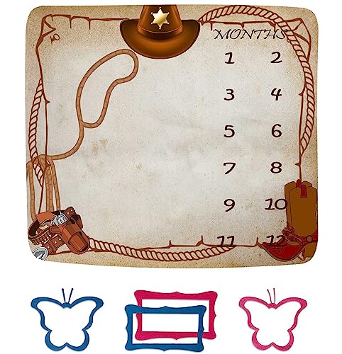Image of Western Cowboy Monthly Milestone Blanket Hat Boots Decor | 48x40in cotton Monthly Milestone Blanket, cowboy hat boot pattern & matching butterfly frames for growth recording