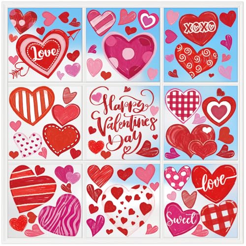 XZENTIRA 8 Sheets Valentines Day Window Clings Valentines Day Decoration 93 PCS Watercolor Heart Shaped Double Sided Window Decals for Home Wedding Anniversary Party Office Decoration