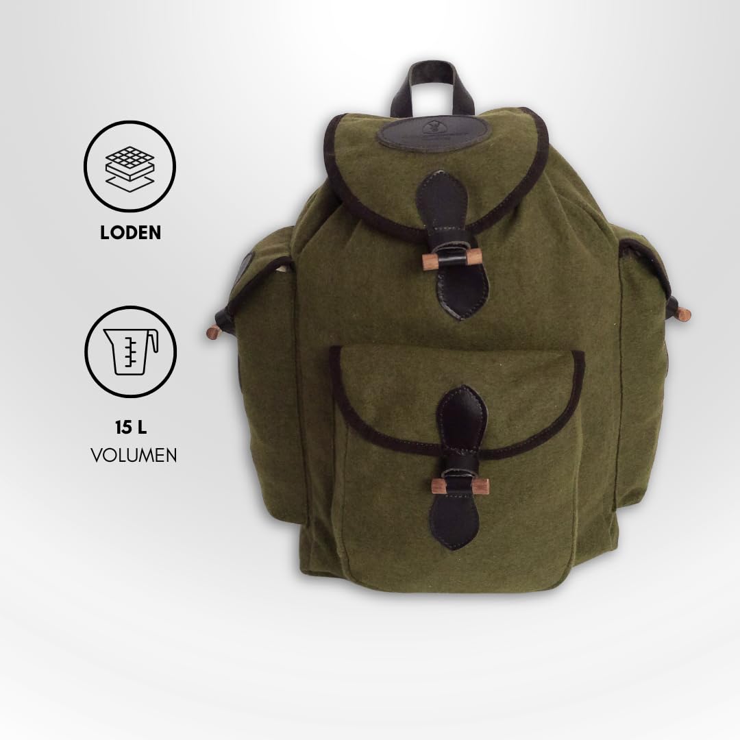 Lodenrucksack 15L – geräuscharm, aus Loden gefertigt, mit Knebelverschlüssen, gepolsterte Schulterriemen, Outdoorrucksack für Jagd, Wandern & Freizeit