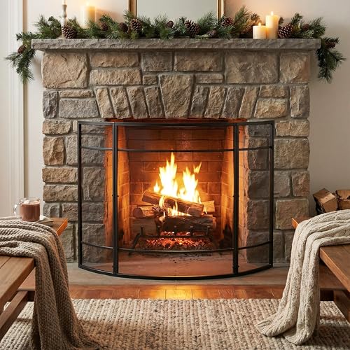 Curved Modern Iron Fireplace Screen, Sturdy Minimalist Black Metal Grid