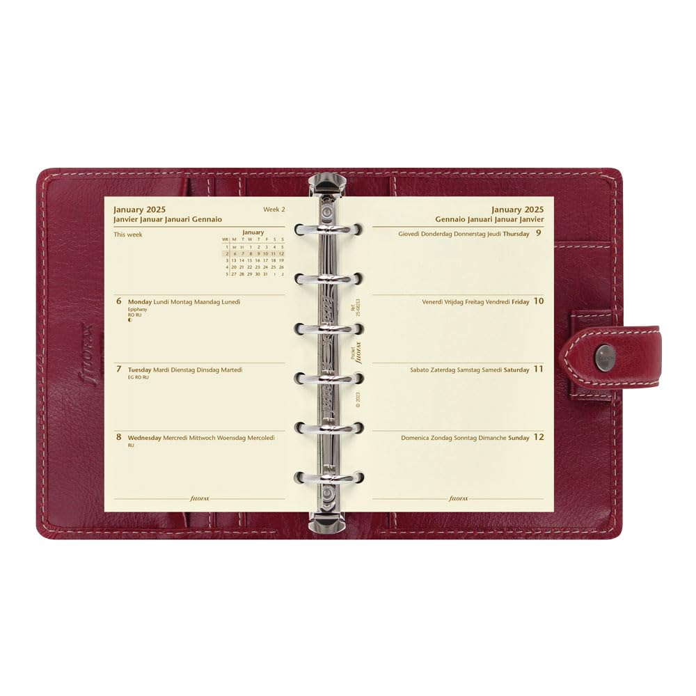 Filofax Malden Organizer, Pocket Size, Burgundy - Tactile, Full-Grain Buffalo Leather, Six Rings, Cotton Cream Week-to-View Calendar Diary, Multilingual, 2025 (C021705-25