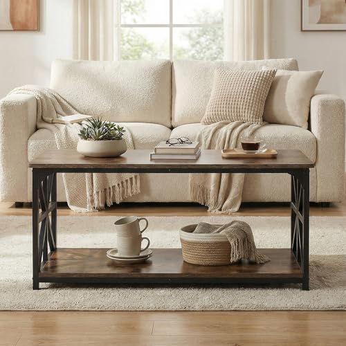Image of GOFLAME 2-Tier Rectangular Coffee Table, Modern Center Table with Wooden Top, Metal Frame, X Shaped Side Pattern, Display Accent Tea Tables, Living Room Tables for Apartment (Rustic Brown & Black)