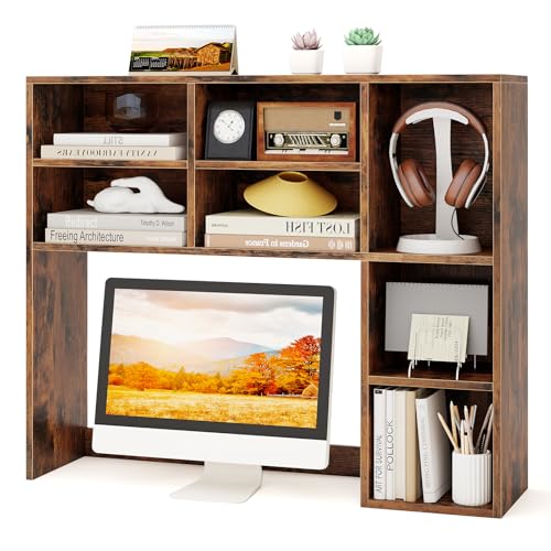 Image of Tangkula Desktop Bookshelf, 37 inch Countertop Storage Hutch with 7 Cubes & 3 Adjustable Shelves, 3-Tier Desk Display Rack Organizer, Multipurpose Wood Desktop Hutch for Dorm Home Office (Rustic Brown)
