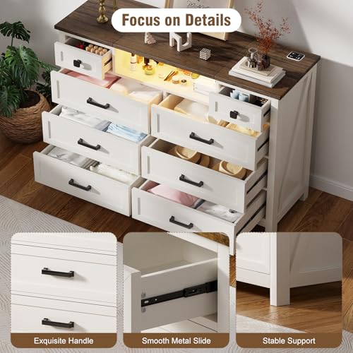 Dresser with Mirror for Bedroom, Chest of Drawers with LED Mirror, 8 Drawer Dresser with Charging Station, White Kids Dressers, Farmhouse Makeup Vanity with Storage for Bedroom