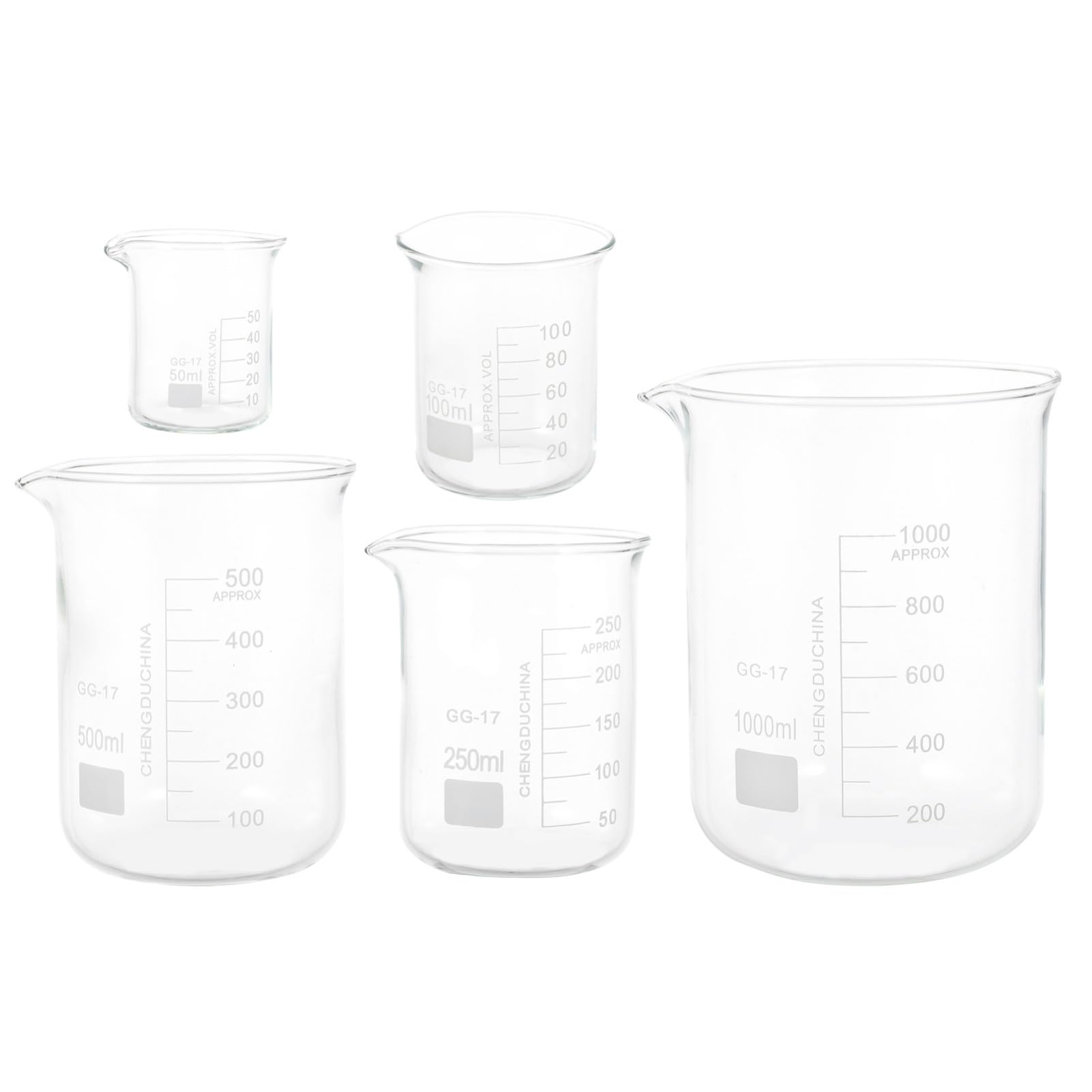BESTYASH Vasos Medidores Transparentes de Vidrio 5 Piezas para Laboratorio | Tazas Medidoras de Líquidos, Porta Líquidos a Escala, Decoracion Colegio