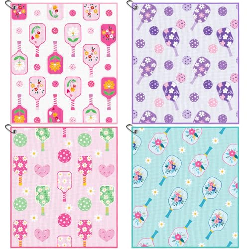 Hosuly 4 Pcs Dinkball Sports Towels Funny Microfiber Athletic Towels for Sweat with Carabiner Clip Dinkball Lover Gift Retirement Gift for Women Men(Floral Pickle)