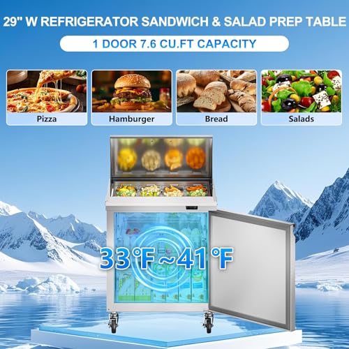 Image of Rockitch 29 inch W Commercial Sandwich Prep Table Refrigerator, 7.6 Cu.ft Stainless Steel Mega Top Sandwich Prep Table with 12 Pans, Single Door Salad Prep Station for Restaurant Food Prep, ETL Approved