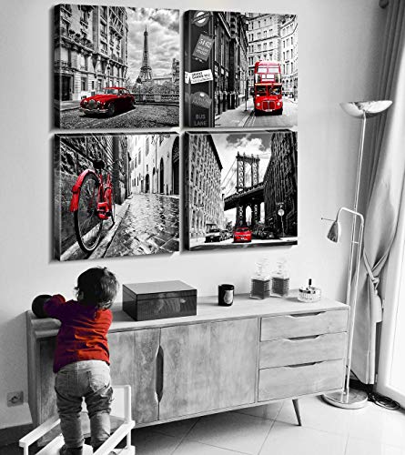 Black And White Wall Art For Living Room Red Paris Decor For Bedroom Cityscape Canvas Pictures Bathroom Decor City Painting With Eiffel Tower Brooklyn Bridge London Poster Office Home Decoration 12×12" 4 Pcs #TOP6