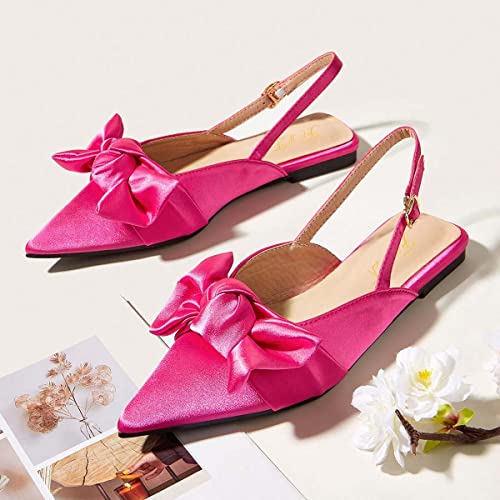 FOWT Women Bow Pointed Toe Pumps Slip on Comfortable Flats Elegant Office Dance Prom Slingback Shoes Size 4-15 US4