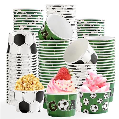 Greencian 120Pcs Soccer Ice Cream Cups Bowls 12 oz Disposable Soccer Paper Dessert Snack Bowls Sports Themed Food Yogurt Containers for Sports Birthday Party Decorations Supplies