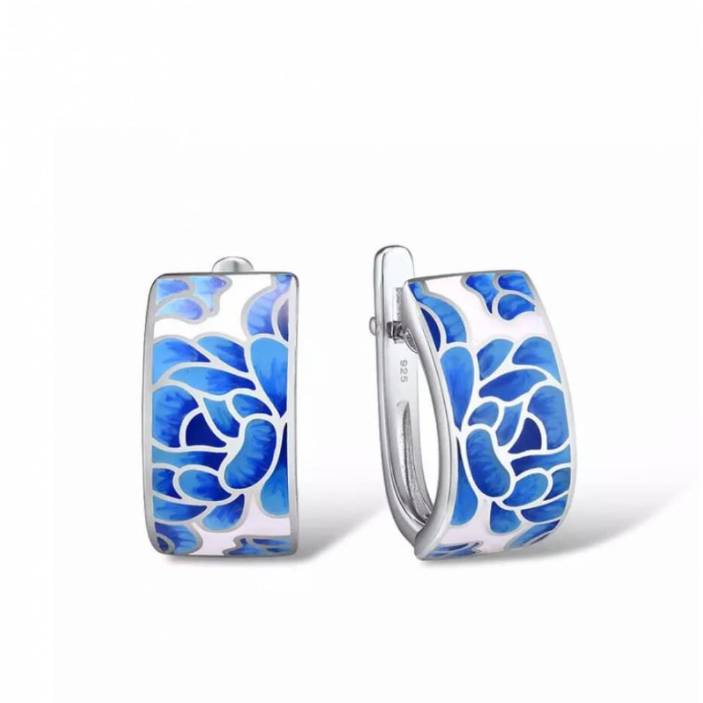 Silber Schmuck Set für Damen Reines 925 Sterling Silber Blaue Blume Emaille Ohrringe Ring Set Edlen Schmuck Handgefertigt