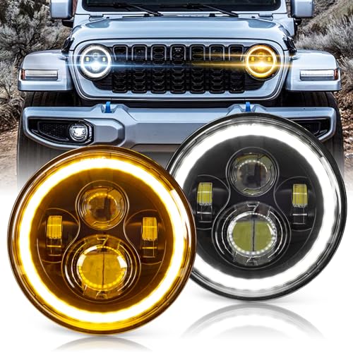 HILLSKING H6024 headlights & 7Inch Round LED Headlights for Jeep Wrangler JK & TJ (1992-2025) - Plug and Play with White/Amber DRL, Built-in Turn Signal, High/Low Beam Projector(Fits H6024)