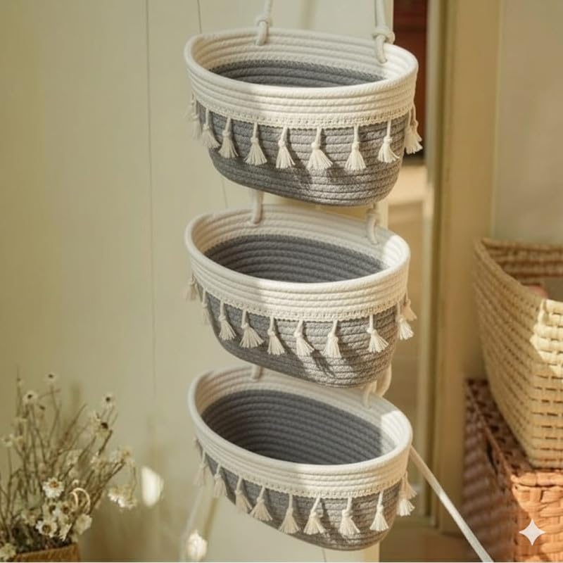 3 tier hanging storage basket set – cotton rope wall hanging organizer with tassels | multi-purpose decorative storage for kitchen, bathroom, bedroom | space saving (grey & white, 3 pieces
