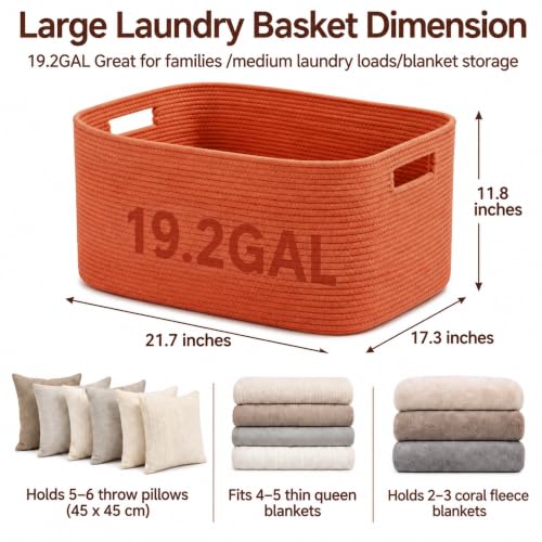 Image of 19.2GAL Sturdy Large Laundry Basket with Handles for Dirty Clothes, Portable Aesthetic Boho Cute Woven Storage Blanket Baskets for Living Room Decor and throws pillows Kids Toys Bath Towle Terracotta