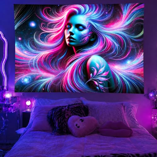 Image of BlissYard Blacklight Tapestry Girl 78x59 Inch Blacklight Cool Girl Art Tapestry for Bedroom Glow In The Dark UV Reactive Black Light Tapestries Posters Wall Hanging Hone Room Party Decor