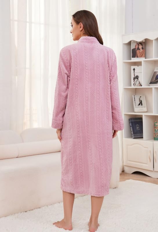 LYCY Women Plush Zipper Robe, Long Fleece House Coat Nightgown with Pockets Solid Bathrobe - Image 3