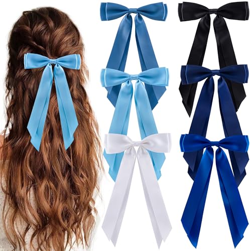 hisial 6Pcs Hair Bows Clips for Hair Silky Satin Ribbon Alligator Barrettes French Hair Ponytail Holders Cute Accessories for Women Girls(Black/White/Blue)