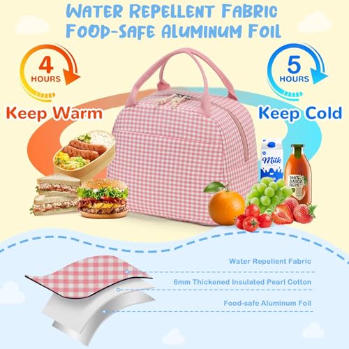 Image of CAMTOP Lunch Box Kids Insulated Lunch Bag Large Reusable Leakproof Cooler Lunch Bags for Boys Girls School Travel Picnic (Pink and White Checkered)