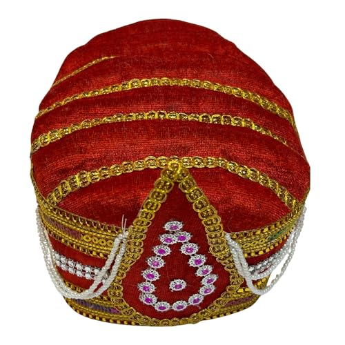 Image of Kaku Fancy Dresses Akbar Mughal King Pagdi Turban Safa Traditional Royal Headgear for Kids | Fancy Dress Costume Accessory for Historical Plays & Cultural Events - Red