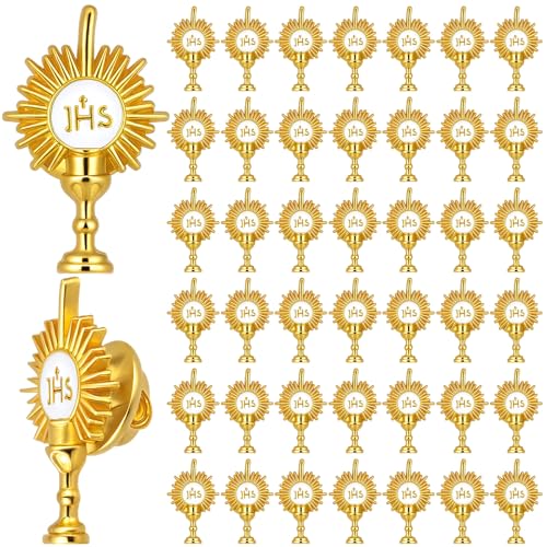 Kigeli 50 Pcs First Communion Lapel Pin Gold Catholic Monstrance Pins Virgin Mary Sacred Heart of Jesus Catholic Pins Blessed Sacrament Jesus Religious Christian Favor(Gold Chalice)