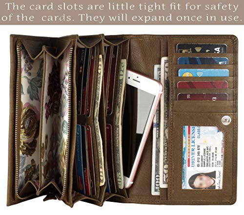 Image of Women's Top Grain Leather Wallet, RFID Blocking Bifold clutch, 17 Card Slots, Zip Pocket Organizer, Elegant Gift for Women - Birthday, Anniversary - Washed Olive Green