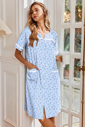 Image of Ekouaer Nightgowns for Women House Dress with Pockets Button Down Sleepshirt Short Sleeve Nightshirt Housecoat