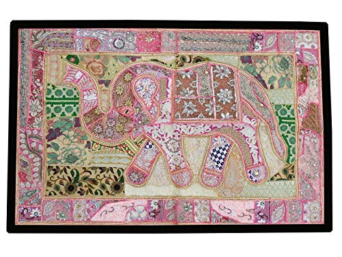 Triveni Art & Crafts Elephant Wall Hanging Vintage Patchwork Tapestry Bohemian Handmade Beaded Embroidered Ethnic Wall Decor 40 x 60 Inches