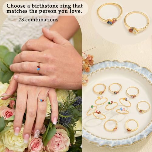 Gold Birthstone Rings for Women Non Tarnish Stackable Ring Dainty 14K Gold Plated Heart CZ Emerald Gemstone Ring Wedding Engagement Promise Ring for Her Birthday Personalized Jewelry Gifts for Mom3