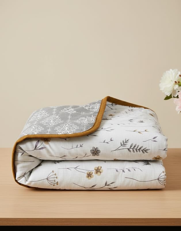 Dohar Premium 100% Cotton Single Bed Geometric Accent, All Season Reversible Blanket, Soft, Lightweight and Breathable Ac Dohar/Quilt/Blanket/for Bed | Sage/Grey - 220 x 146 cms