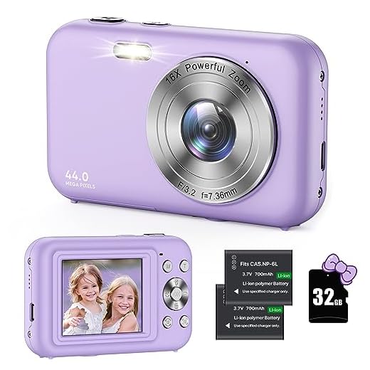 Cámara de Fotos con Tarjeta 32GB, 44MP 1080P FHD Cámara Digital Compacta 2,4 Pulgadas Portátil Recargable Cámara Fotos con Zoom 16X y 2 Pilas Cámara para Niños, Principiantes, Adulto (Púrpura)