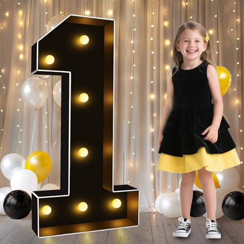 Image of Pooqla 3FT Marquee Light Up Numbers 1 for 1st Birthday Decorations | Black LED Marquee Numbers Party Backdrop, 3 Feet Large Mosaic Numbers 1st 16th 18th Anniversary Birthday Gift for Boys Men