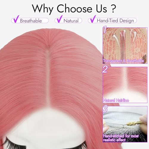 Image of Eawwii Dirty Pink Short Wavy Wig for Women Lace Hairline Bob Style Synthetic Heat Resistant - Natural Appearance for Everyday Hairstyle 14 Inch