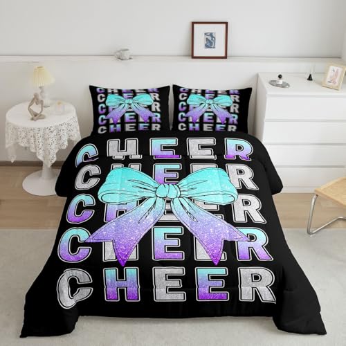 Image of Feelyou Cheer Bedding Set Soft for Boys Girls, Blue Purple Bowknot Comforter Set Toddler Size Sport Cheerleader Duvet Quilt Microfiber Cheerleading Bedroom Decor 2 Pcs with 1 Pillow Cases
