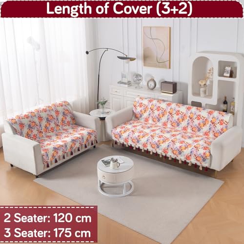 Image of HOKIPO 5 Seater Sofa Cover with Tassel in 3+2 Configuration | Full Protection for Seat and Back | Printed Holland Velvet Fabric | 'Whispers of Nature' | Vintage Rose Bloom (IN-1127+1126-D12)