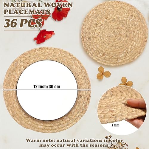 Image of Kochorie Set of 36 Round Woven Placemats 12-Inch Natural Water Hyacinth Plant Placemats Hand-Woven Boho Rattan Placemat Wicker Weave Table Mats for Home Table Farmhouse