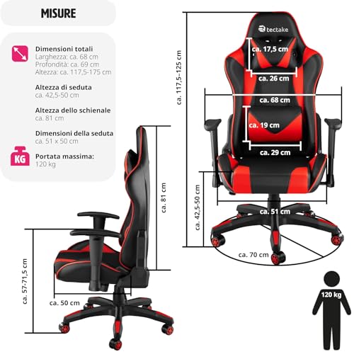 ® Sedia da Gaming per Gamer, Poltrona da Ufficio Ergonomica, Sedia Gaming con Braccioli Imbottiti, Doppie Rotelle Resistenti, Struttura Robusta, Regolabile, Portata fino a 120 kg - Nero/Rosso - Sedia gaming - Immagine 2