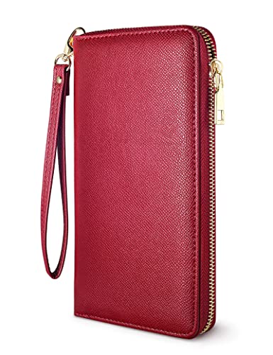 Faux Leather Wallet for Women RFID Protected Large Size Bifold Card Holder Black (Red)