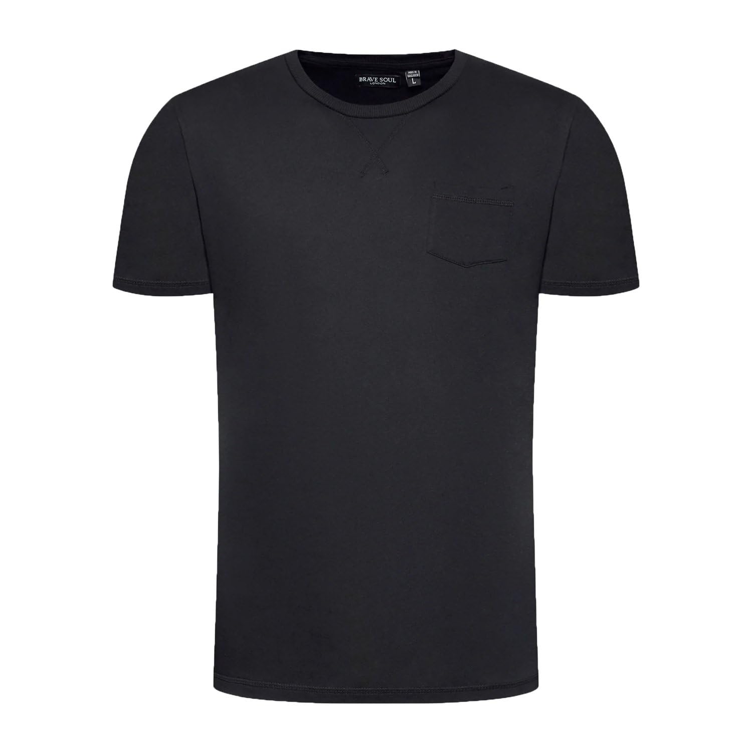 BRAVE SOUL Arkham Crew Neck T-Shirt with Chest Pocket-Black-Medium