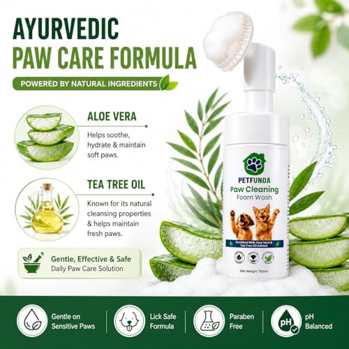 Image of Paw Cleaning Foam Brush for Dogs, Cats, Puppies | Ayurvedic Aloe Vera & Tea Tree Oil Formula | Lick-Safe Foot Scrubber | Gentle Paraben-Free Paw Care Tool | 150ml